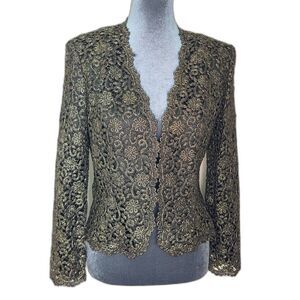 Vintage "Black Tie" Oleg Cassini Black Gold Metallic Lace Jacket Petite Size 6